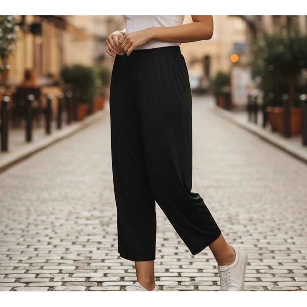 Ulla Popken Wide Leg Pants Womens 20/22 Black Knit Pockets Culottes Flowy Beach